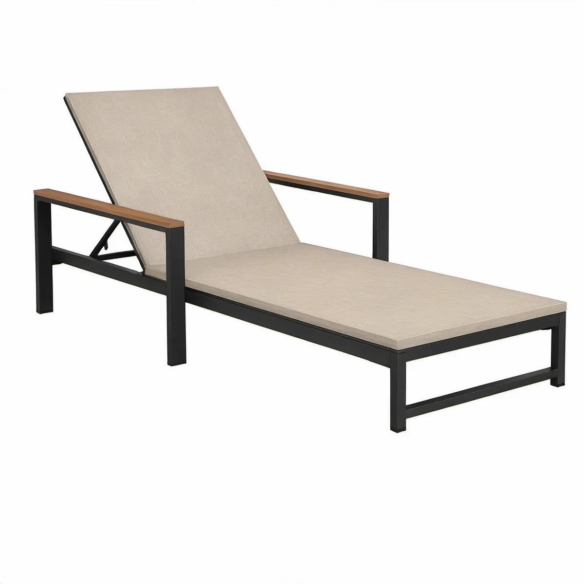 Adjustable Outdoor Chaise Lounge, 78.7 x 25.6 x 37 in, Beige PVC-Coated Polyester Mesh, Black Aluminum Frame with Brown Wood-Grain Armrests
