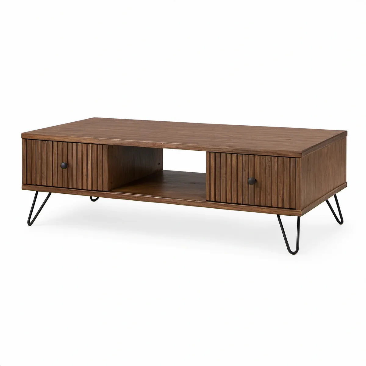 Walnut Brown Coffee Table with 2 Cabinets, Open Shelf and Black Hairpin Legs, 47.2 x 23.6 x 17.7 in