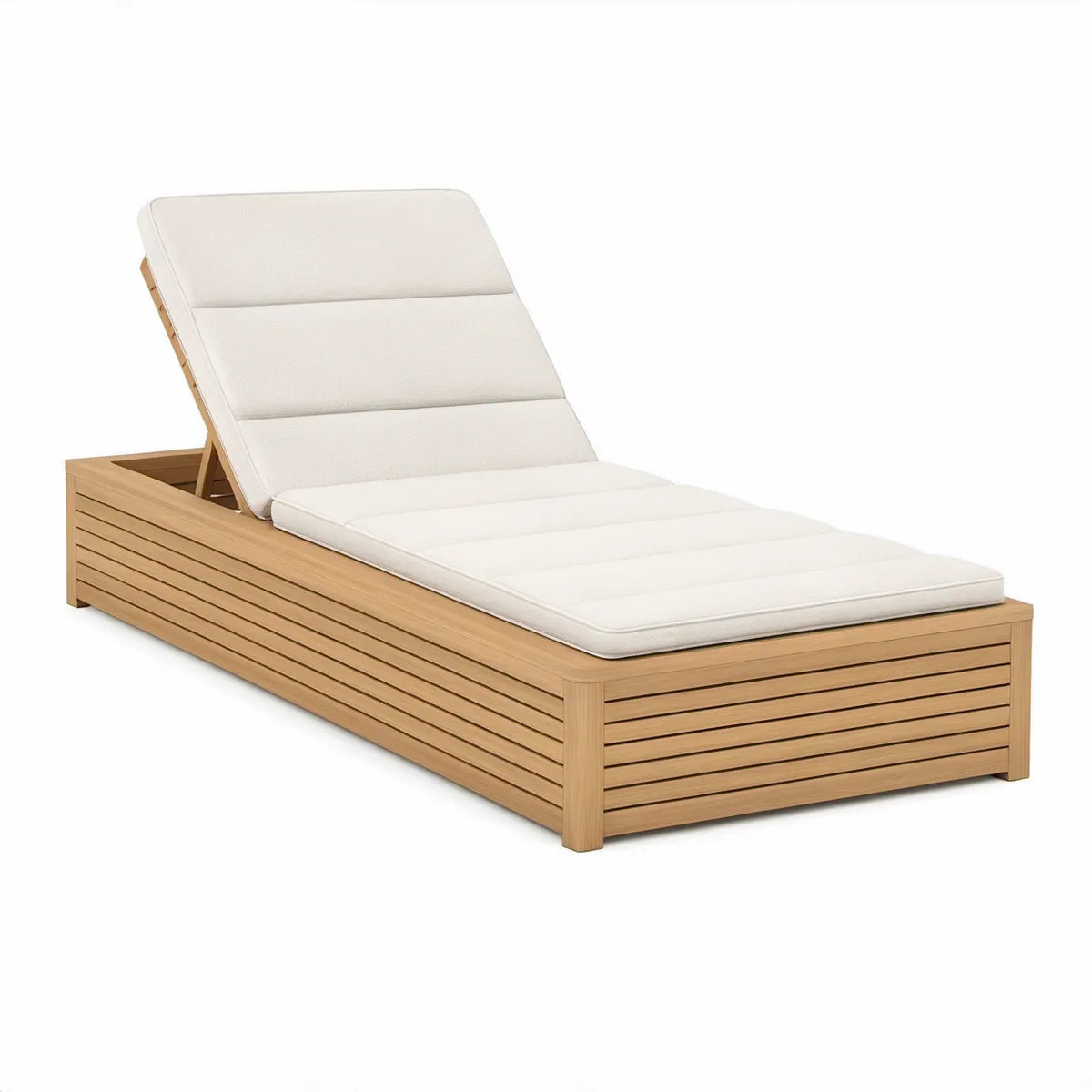 Adjustable Solid Teak Wood Outdoor Chaise Lounge with Beige Cushion, 200 x 75 x 35 cm, Natural Teak