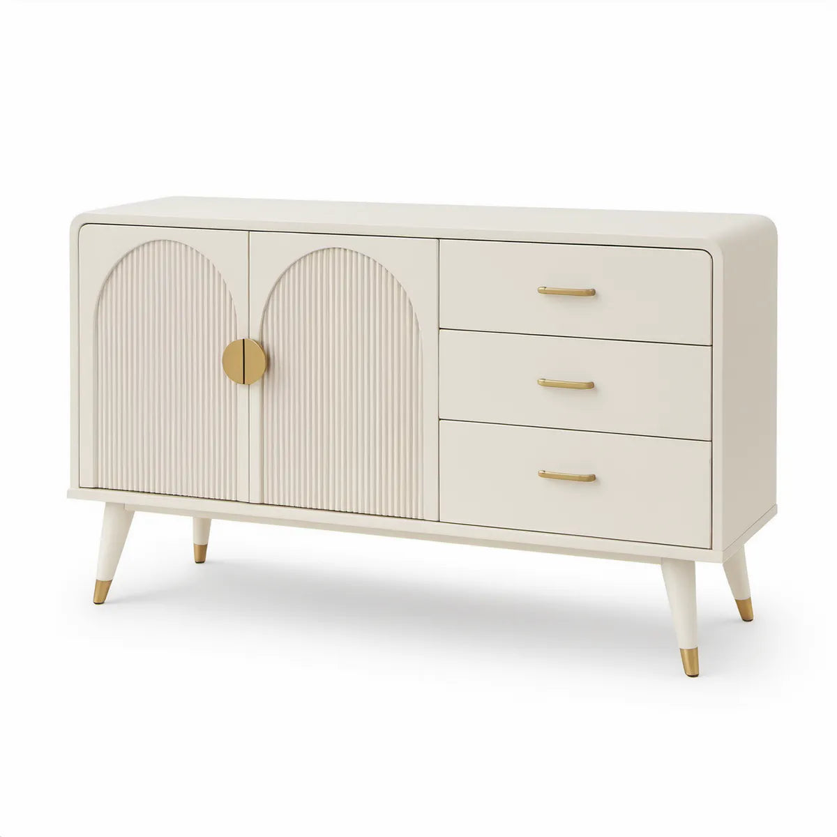 47.2 in. W x 15.7 in. D x 31.5 in. H Cream White MDF Sideboard with Gold Hardware, 3 Drawers and 2 Fluted Doors