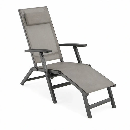 Adjustable Reclining Sun Lounger with Armrests and Head Pillow, 190 x 65 x 100 cm, Gray/Dark Gray