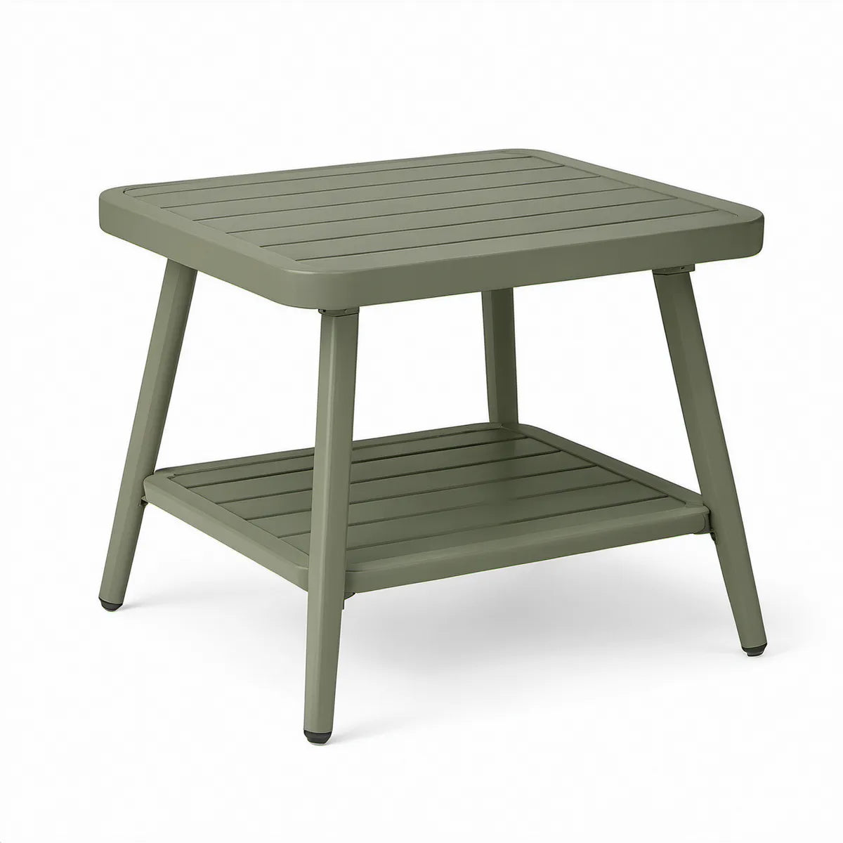 Outdoor Square Coffee Table with Lower Shelf, Powder-Coated Aluminum, Green, 23.6 x 23.6 x 19.7 in