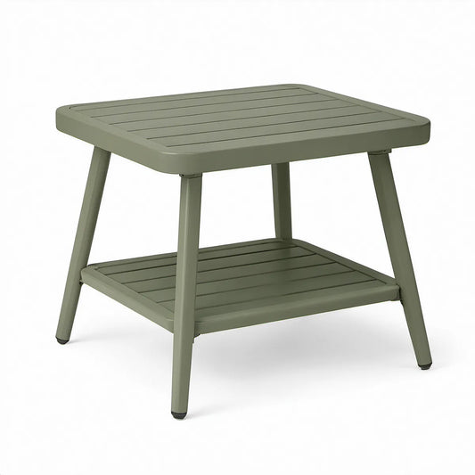 Outdoor Square Coffee Table with Lower Shelf, Powder-Coated Aluminum, Green, 23.6 x 23.6 x 19.7 in