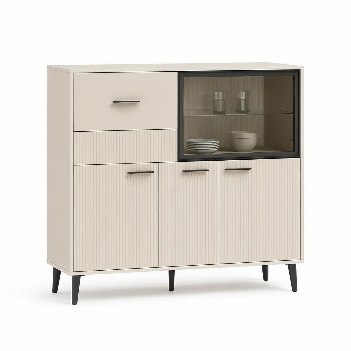 Ivory and Black Fluted Storage Cabinet with Smoked Glass Door, 47.2 in W x 15.7 in D x 47.2 in H
