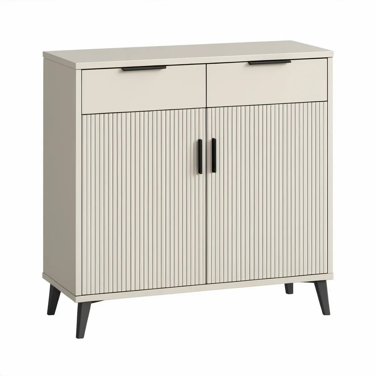 Cream Engineered Wood Storage Cabinet with 2 Drawers, 2 Fluted Doors and Black Steel Legs, 31.5 x 15.7 x 39.4 in