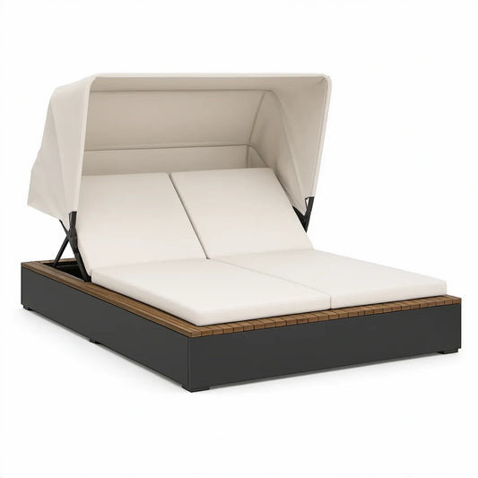 Outdoor Double Daybed with Adjustable Canopy, 78.7 x 55.1 x 63 in, Cream/Black/Brown Aluminum and Acacia Wood