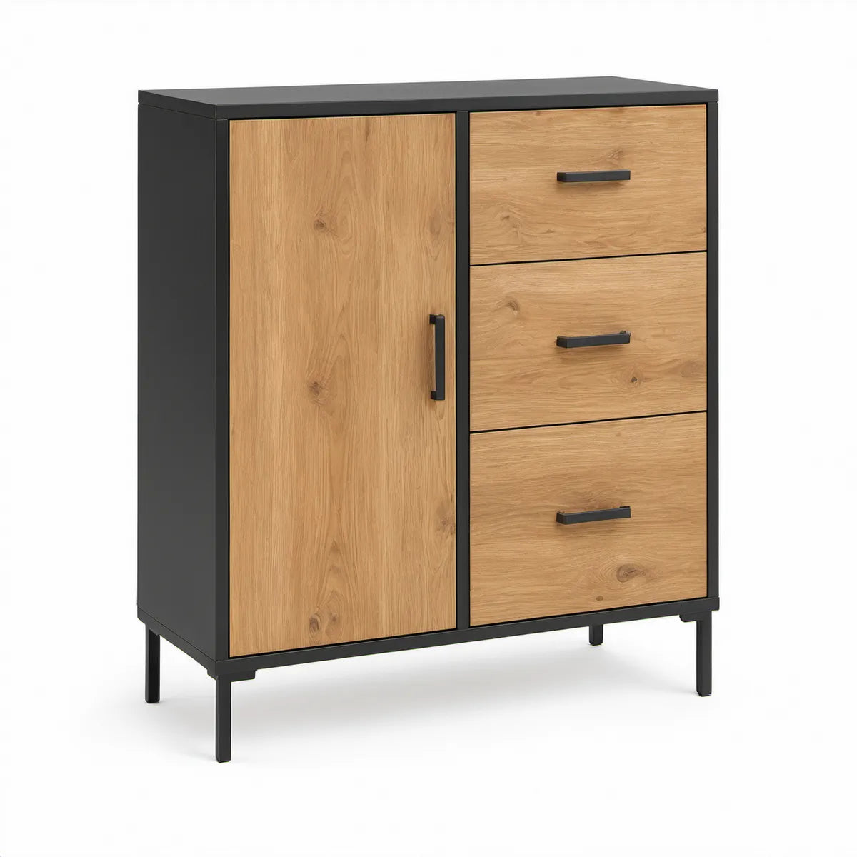 Storage Cabinet with 1 Door and 3 Drawers, Natural Oak/Black, 31.5 x 15.7 x 47.2 in