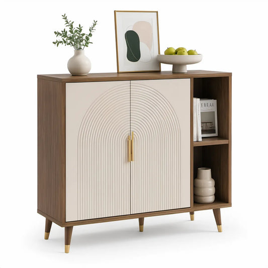 Walnut Brown and Cream Sideboard with 2 Doors, Open Shelves, Gold Handles, 47.2 x 15.7 x 39.4 in